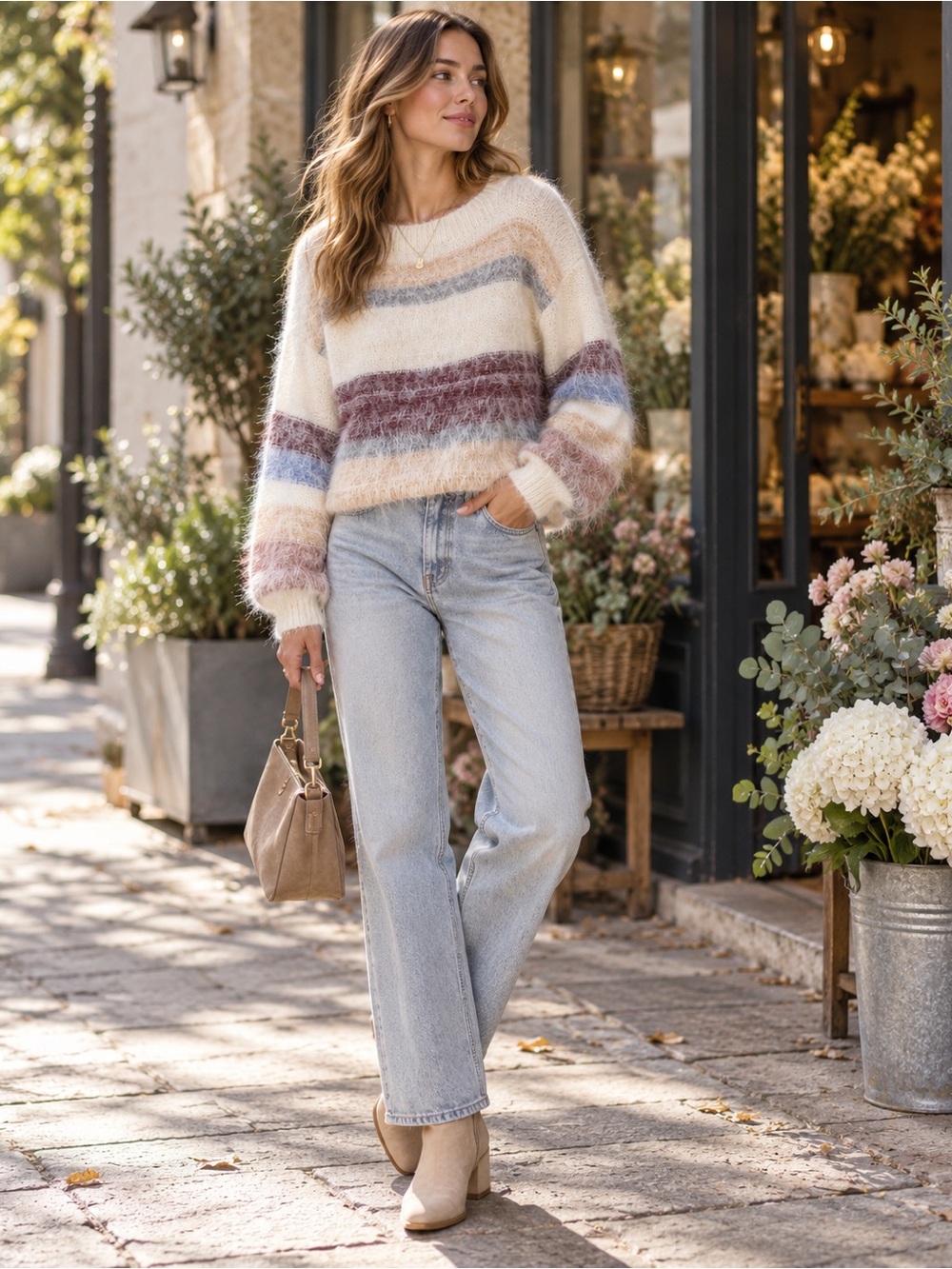 Gentle Fawn XS Ivory Fuzzy Striped Sweater Multicolor Balloon Sleeve Cozy Knit